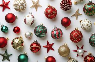 A Festive Arrangement of Christmas Ornaments in Red, Green, and Gold photo