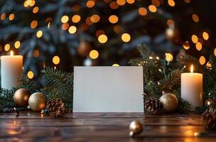 Blank Card Surrounded by Christmas Decor on Wooden Table photo