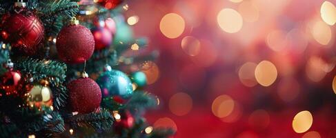 Close Up of Christmas Tree Ornaments With Red and Blue Decorations and Blurred Lights photo