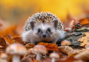 Hedgehog Encountering Mushrooms on Autumn Log photo