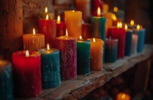 Four Burning Candles on a Rustic Wooden Shelf With Red Berries photo