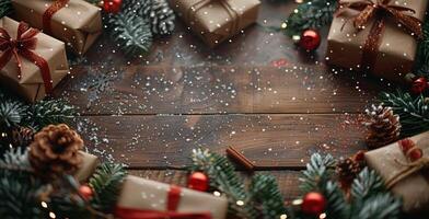 Wrapped Christmas Presents Surrounded by Pine Branches and Snow on a Wooden Tabletop photo