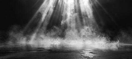 A Single Beam of Light Pierces Through Dark Clouds Over a Misty Surface photo