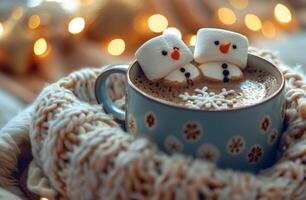 Two Snowman Marshmallows in a Mug of Hot Chocolate on a Cozy Winter Bed photo