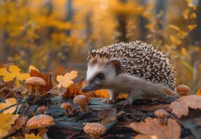 Hedgehog Encountering Mushrooms on Autumn Log photo