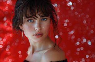 Young Woman With Blue Eyes Looking Over Shoulder Against Red Bokeh Background photo
