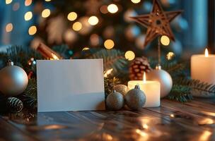 Blank Card With Christmas Ornaments and Lights on a Table photo