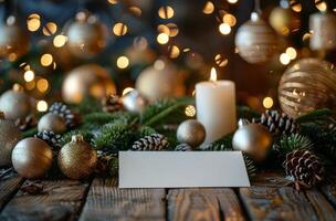 Festive Christmas Decorations With Burning Candle and Blank Card on Rustic Wooden Table photo