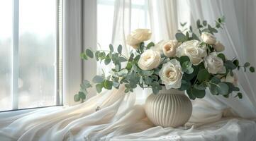 White Roses in a Ceramic Vase Near a Window photo