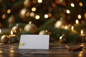 Blank White Card On Wooden Table With Christmas Decorations photo