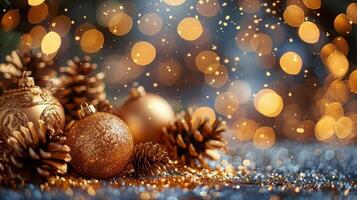 Golden Ornaments and Pine Cones With Bokeh Lights on a Dark Surface photo