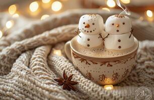 Cozy Winter Hot Chocolate With Marshmallow Snowmen photo