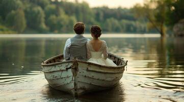 Bride and Groom Rowing in a Wooden Boat on a Lake Surrounded by Lush Green Trees photo