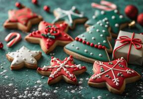 Decorated Christmas Cookies on Green Background photo