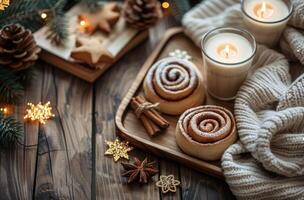Cozy Winter Scene With Cinnamon Rolls, Candles, and Pine photo