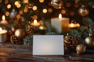 Blank White Card On Wooden Table With Christmas Decorations photo
