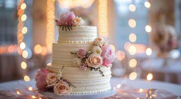 Three Tier Wedding Cake Decorated With Pink Flowers and Greenery photo