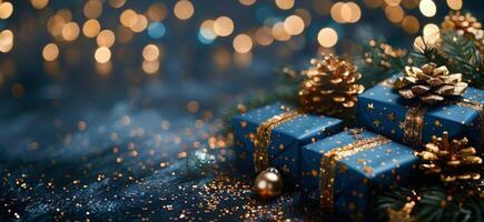 Blue Gift Boxes With Gold Bows and Glittering Lights photo