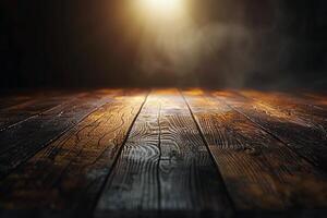 Rustic Wooden Tabletop With Smoke and Warm Light photo