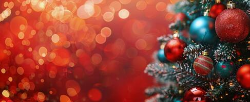 Close Up of Christmas Tree Ornaments With Red and Blue Decorations and Blurred Lights photo