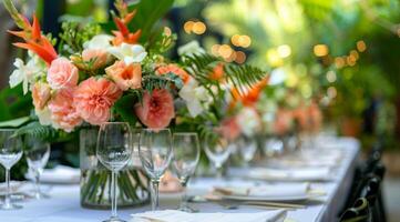 Tropical Flower Centerpiece on a White Tablecloth in a Garden Setting photo