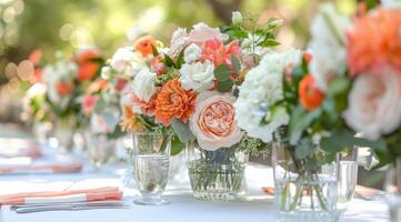 Tropical Flower Centerpiece on a White Tablecloth in a Garden Setting photo