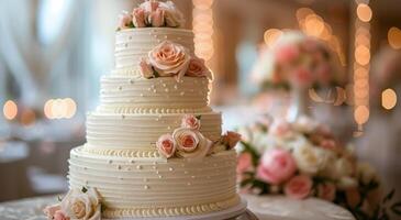 Four-Tier Wedding Cake Decorated With Pink and White Flowers at an Evening Reception photo