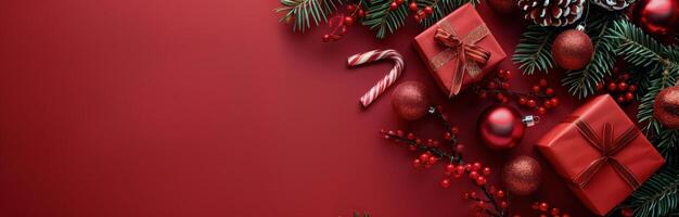 Red Christmas Decorations on a Red Background photo