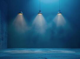 Three Hanging Lights Illuminating Empty Blue Room photo