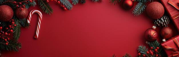 Red Christmas Decorations on a Red Background photo