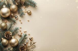 Green and Gold Christmas Ornaments and Greenery on Beige Background photo