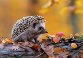 Hedgehog Encountering Mushrooms on Autumn Log photo