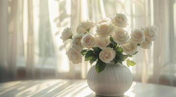 White Rose Bouquet in White Vase on Table by Window photo