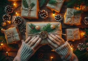 Person Holding a Wrapped Christmas Present Decorated With Pine Cones and Evergreen Branches on a Wooden Tabletop photo