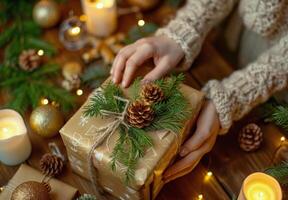 Person Holding a Wrapped Christmas Present Decorated With Pine Cones and Evergreen Branches on a Wooden Tabletop photo