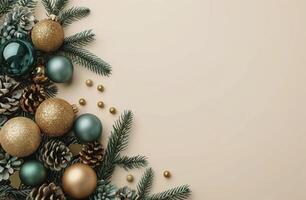 Green and Gold Christmas Ornaments and Greenery on Beige Background photo