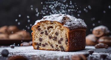 Chocolate Chip Bread Loaf With Powdered Sugar Sprinkles on Wooden Table photo