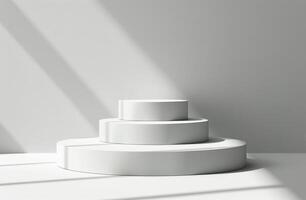 White Platform Display With Sunlight Streaming Through Windows photo