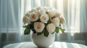 White Rose Bouquet in White Vase on Table by Window photo