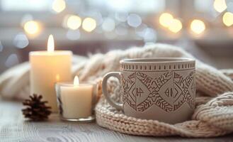 Cozy Winter Scene With Mug, Candles, and Knit Blanket photo