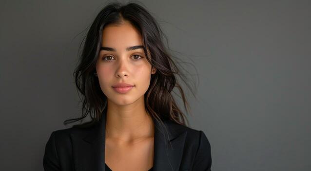 joven mujer con largo marrón pelo vistiendo un negro chaqueta de sport en frente de un gris pared foto