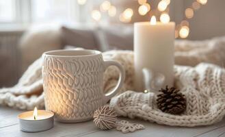 Cozy Winter Scene With Mug, Candles, and Knit Blanket photo