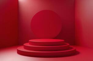 Red Circle and Three Circular Platforms in a Red Room photo