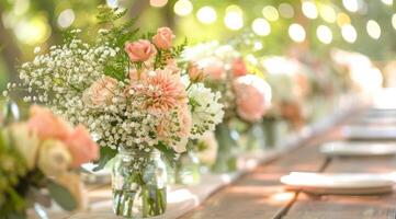 Pink Flower Centerpieces With String Lights at an Outdoor Wedding Reception photo
