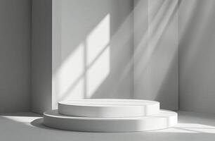 White Platform Display With Sunlight Streaming Through Windows photo