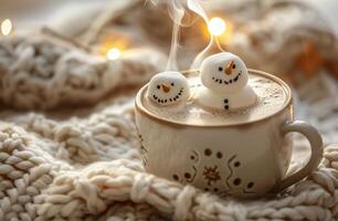 Cozy Winter Hot Chocolate With Marshmallow Snowmen photo