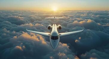 Private Jet Flying Above Clouds at Sunset photo