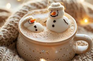Cozy Winter Hot Chocolate With Marshmallow Snowmen photo
