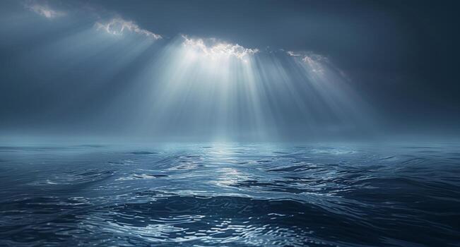 Nighttime View of a Starry Sky Above a Calm Sea With a Beam of Light photo