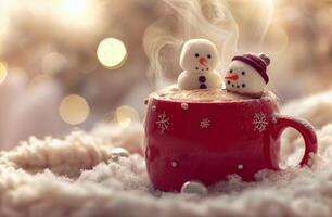 Festive Snowman Marshmallows in a Red Mug of Hot Chocolate photo